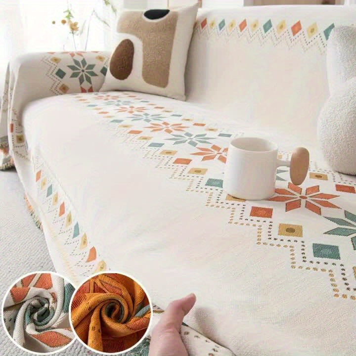 Chenille Boho Sofa Cover with Embroidered Detail – Machine Washable Slipcover for 1 2 3 4 Seater Sectional Couches, Extra Large Sizes, No Padding, 4 Colors