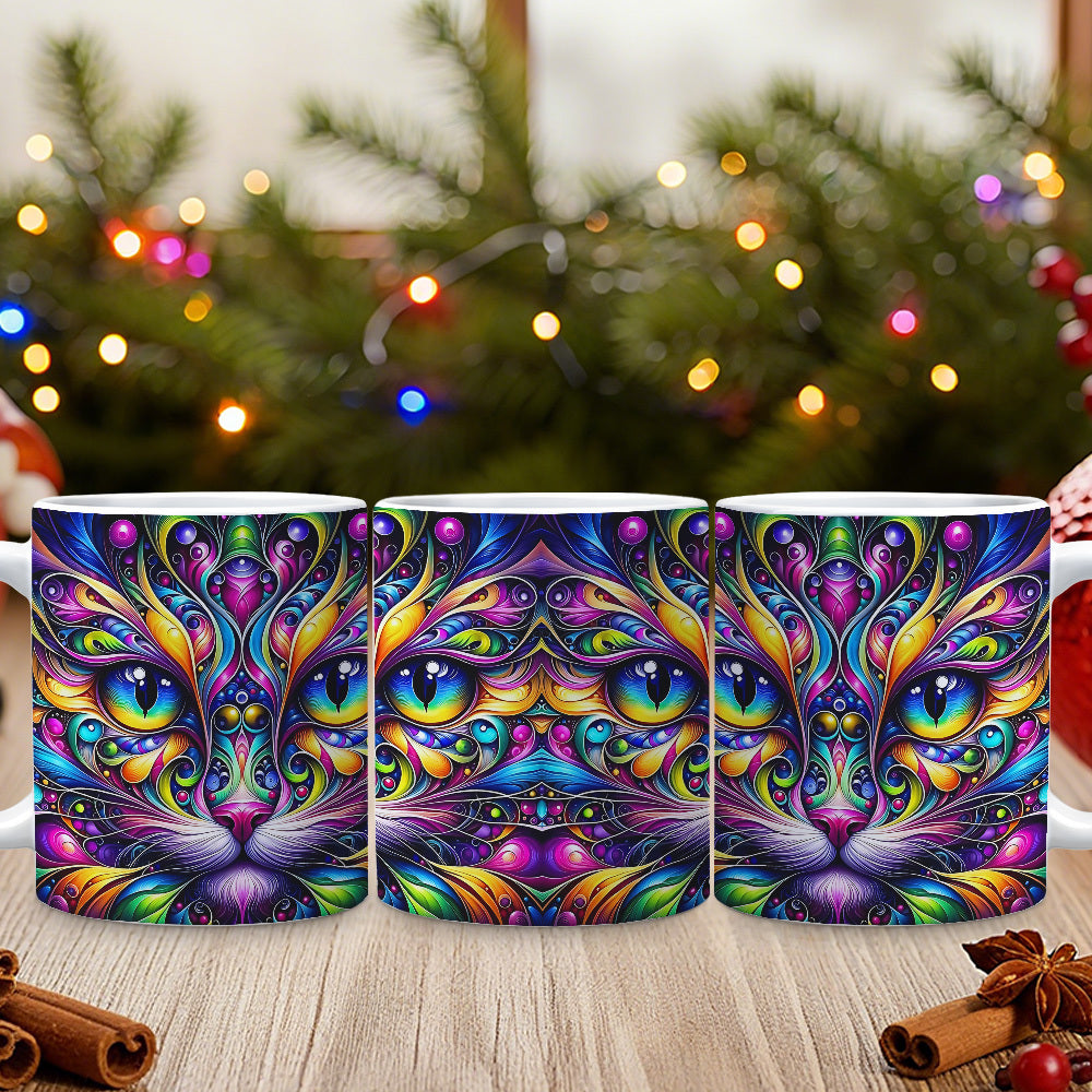 Psychedelic Cat Coffee Mug 11oz - Colorful Cute Cat Design Cup for Cat Lovers, Home & Office Use, Birthday & Holiday Gift