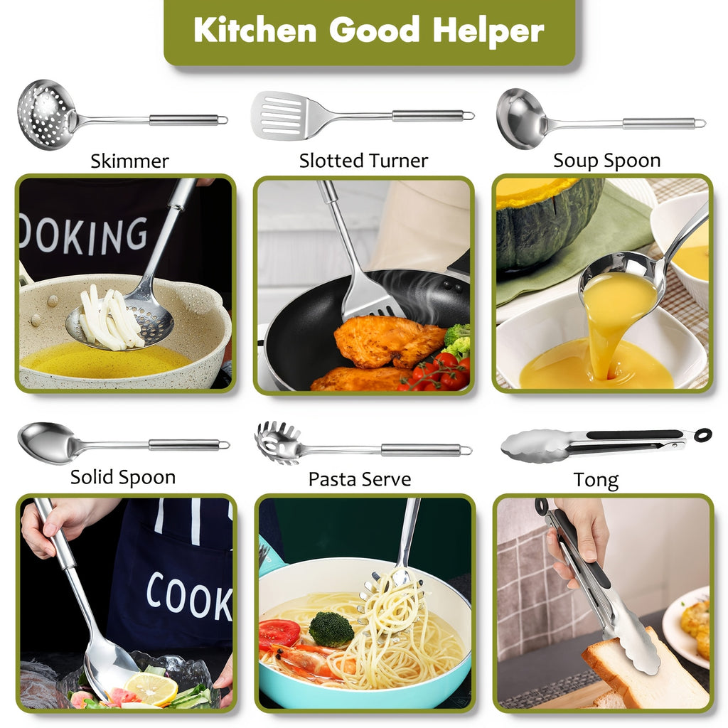 Stainless Steel Kitchen Utensils Set 12-Piece with Holder - Heat Resistant Cooking Utensils Set with Spatula, Ladle, Tongs, Whisk, Skimmer & More, Dishwasher Safe Metal Kitchen Tool Set