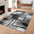 Geometric Area Rug Black White Ultra-Soft Non-Slip Machine Washable Rubber Backing Low Pile Shed Resistant Living Room Bedroom Kitchen Bathroom