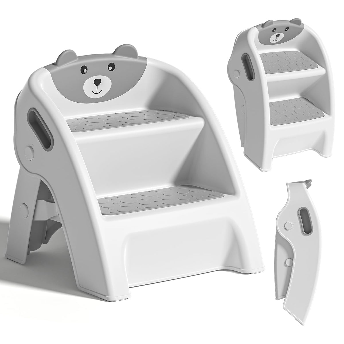 Foldable Kids Step Stool 2-Step with Non-Slip Design & Handle – Multipurpose Toddler Step Stool for Bathroom Sink, Kitchen Counter, Bedroom, Grey Pink Blue