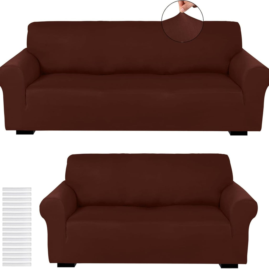 Stretch Sofa Cover Set 2 Piece Form Fit Slipcover for 2 Seater & 3 Seater Couch – Wrinkle Proof Loveseat Furniture Protector, 5 Colors, Milk Silk