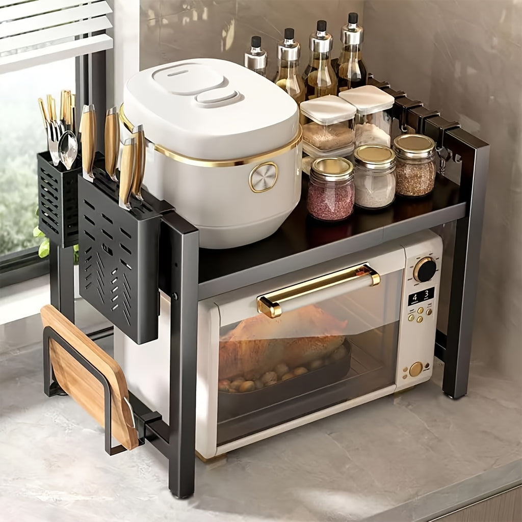 Expandable Microwave Rack Kitchen Counter Organizer – Heavy-Duty Retractable Shelf with 6 Hooks, Chopstick Holder & Cutting Board Slot for Kitchen Worktops