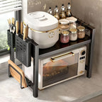 Expandable Microwave Rack Kitchen Counter Organizer – Heavy-Duty Retractable Shelf with 6 Hooks, Chopstick Holder & Cutting Board Slot for Kitchen Worktops