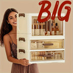 Makeup Organizer with Transparent Drawers 3/4 Tier – Foldable Large Capacity Stackable Cosmetic Storage Cabinet, Retro White & Gold Aesthetic Organizer for Skincare, Documents & Books, Elegant Girl Gift