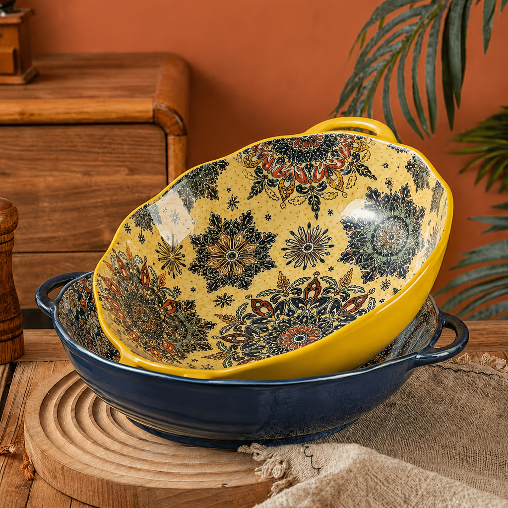 Bohemian Ceramic Salad Bowl 12 Inch with Dual Handles Large Capacity Microwave Safe Dishwasher Safe Oven Proof Porcelain Serving Bowl