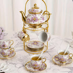 20-Piece Floral Porcelain Tea Set with Metal Holder & Teapot - European Ceramic Espresso Cup and Saucer Set, 3.3oz Cups 15oz Teapot, Afternoon Tea Gift for Golden Pink Purple Flower