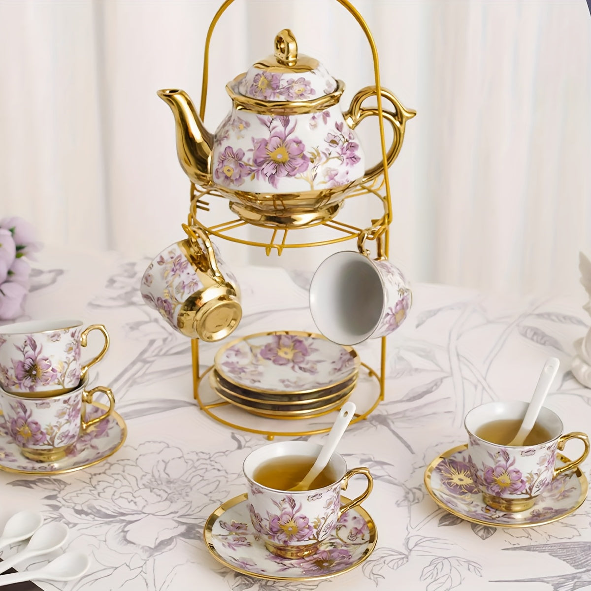 20-Piece Floral Porcelain Tea Set with Metal Holder & Teapot - European Ceramic Espresso Cup and Saucer Set, 3.3oz Cups 15oz Teapot, Afternoon Tea Gift for Golden Pink Purple Flower