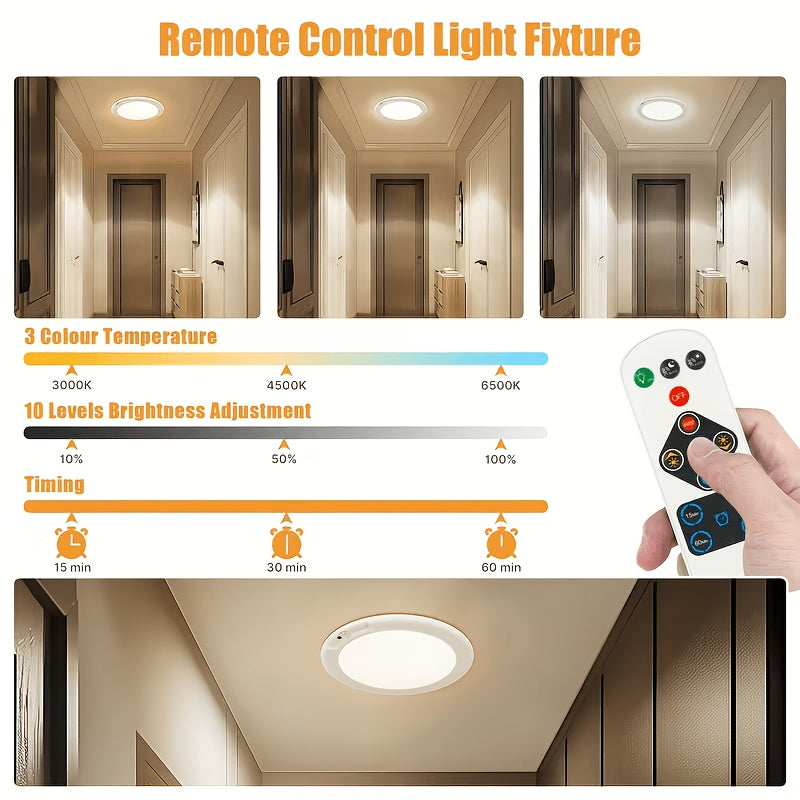 Rechargeable LED Ceiling Lamp with Motion Sensor – 3 Color Modes, 10 Brightness Levels, Remote Control & Timer – Battery-Powered Semi Flush Mount for Living Room, Kitchen & Bathroom