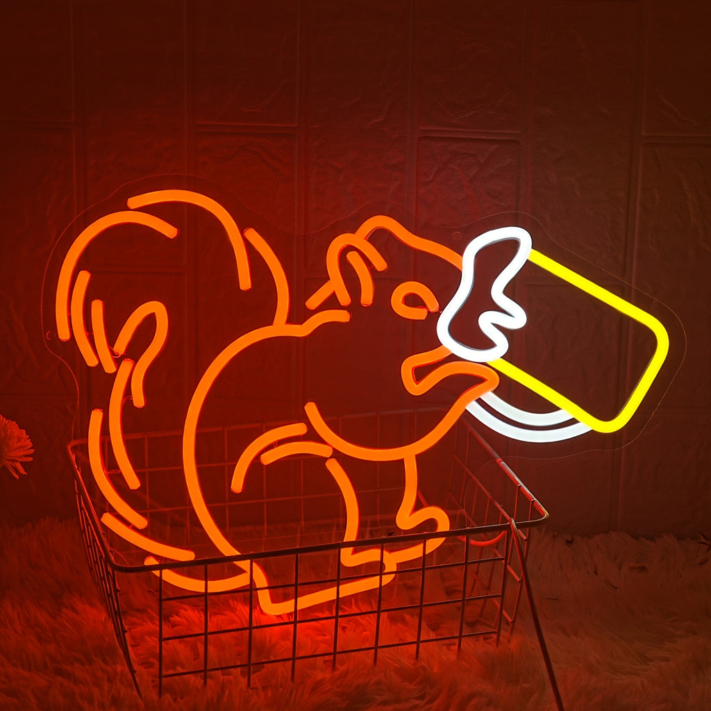 Squirrel Drinking Beer Neon Sign LED Dimmable USB Powered Bar Light for Man Cave Home Bar Pub Cafe Party Wall Decor
