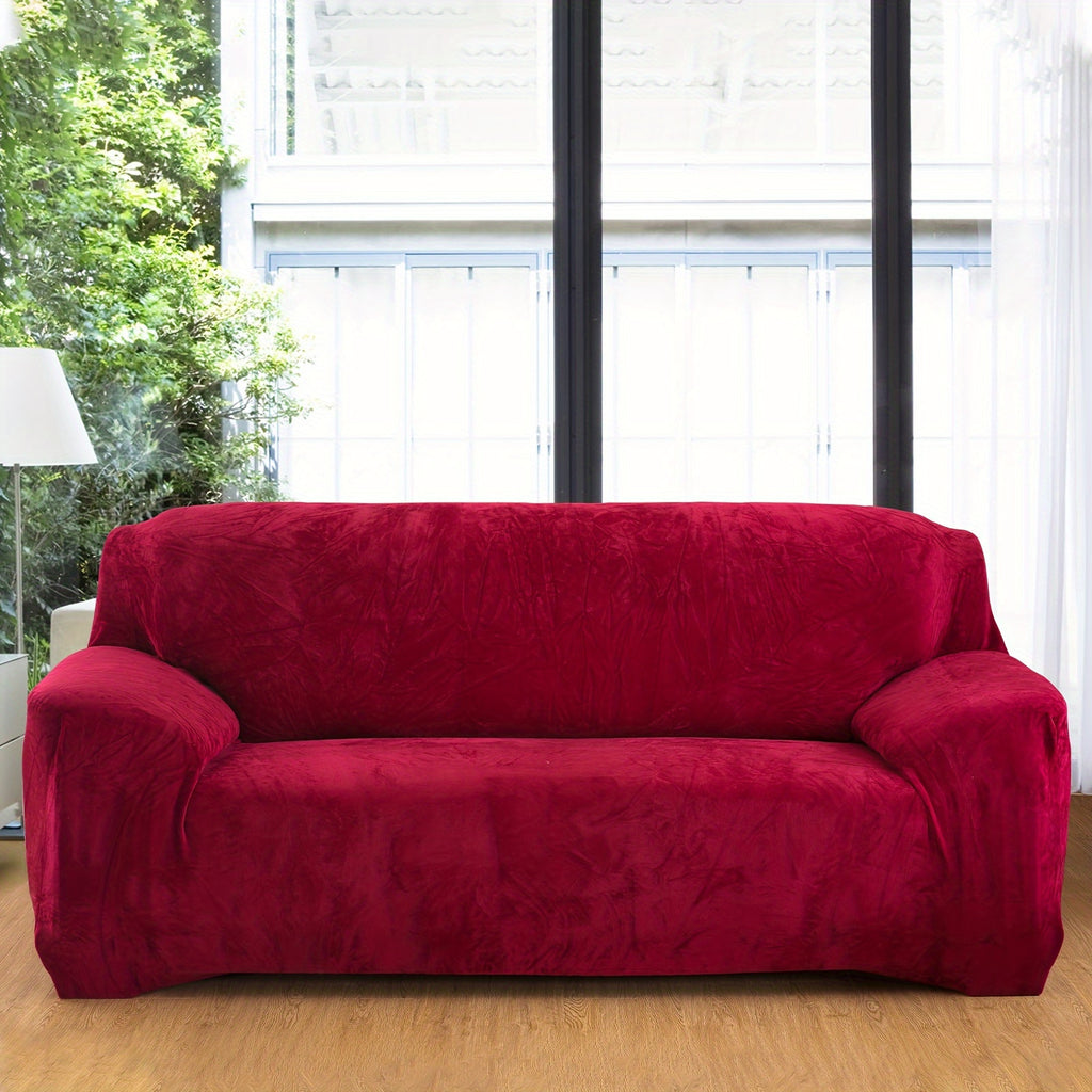 Plush Sofa Slipcover Stretch Thick Couch Cover - Soft Velvet Furniture Protector for Chair Loveseat 3 4 Seater, Anti-Slip Elastic Wrap, Machine Washable, 6 Colors for Living Room