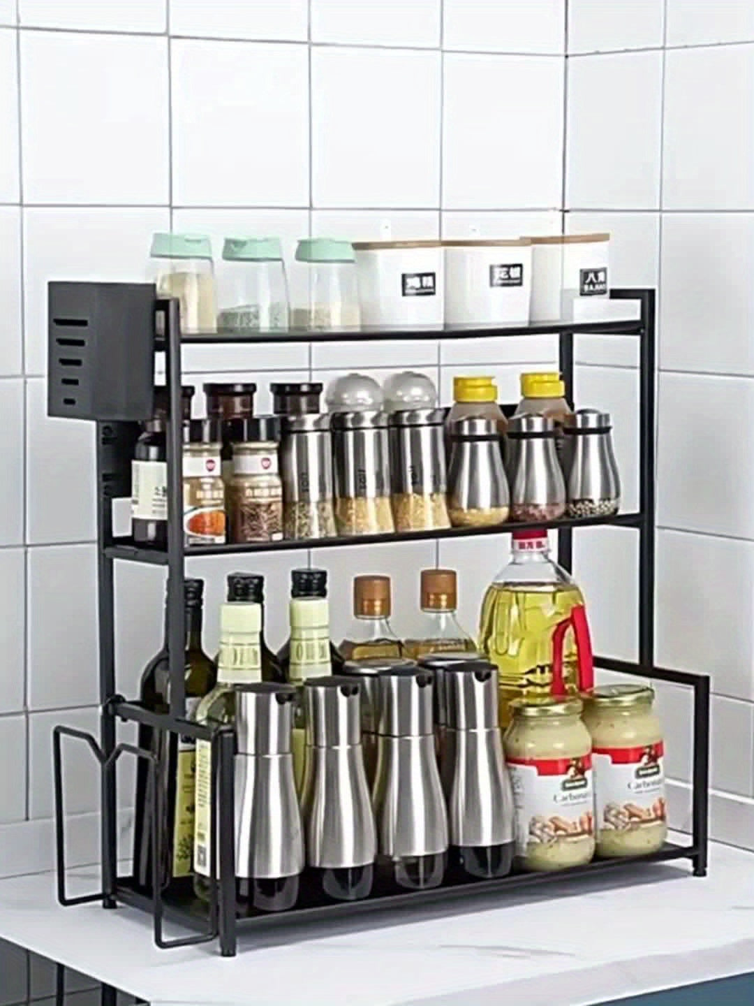 3-Tier Heavy-Duty Carbon Steel Kitchen Shelf Standing Storage Rack – Space-Saving Countertop Organizer for Spices, Knives, Utensils & Spoon Holder, Sturdy Multi-Tier Shelf for Small Kitchens
