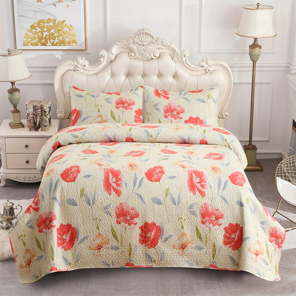 Patchwork Quilt Set 3-Piece Boho Reversible Coverlet Queen King Size Soft Lightweight Bedspread with 2 Pillow Shams All-Season Floral Stripes Bedroom Decor