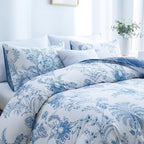 Soft Floral Comforter Set 3-Piece Easy Care – Lightweight Breathable All-Season Quilt with Pillowcases, Light Blue, White & Beige, Bed in a Bag Twin Queen King