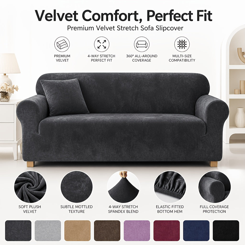 Velvet Stretch Sofa Cover Slipcover – Thick High-Elasticity Plush Couch Cover for L-Shape 1 2 3 4 Seater, Polyester Spandex Furniture Protector with Pillowcase for Living Room