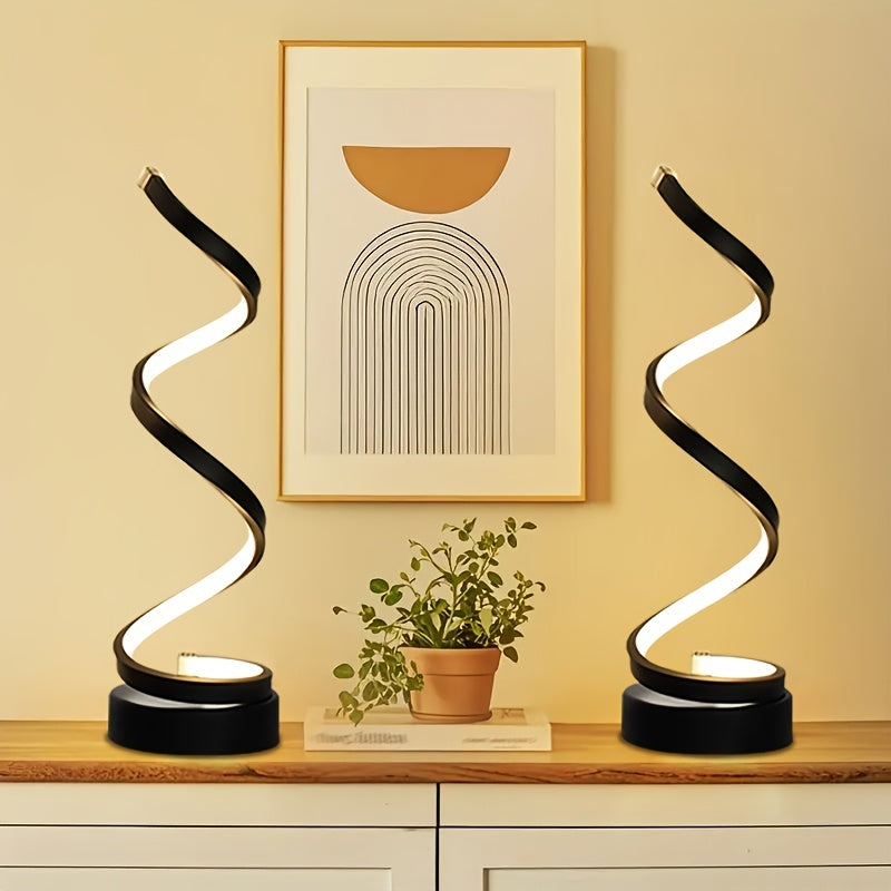 Modern Spiral Touch Table Lamp with USB-C Charging Port 3-Way Dimmable - Minimalist Bedside Lamp for Bedroom Living Room Desk - LED Bulb Included, Black & White, Single & 2-Pack