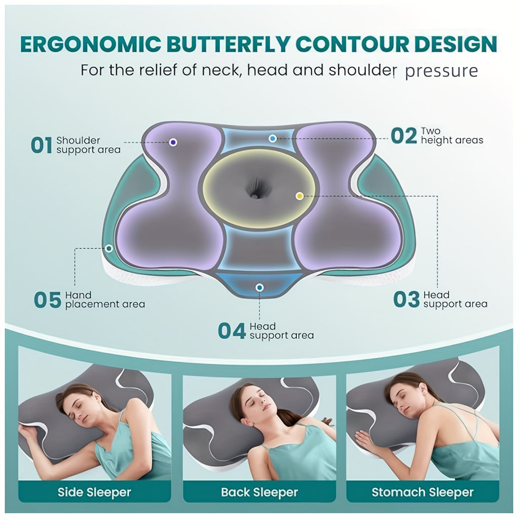Ergonomic Cervical Memory Foam Pillow – Contour Support with Cooling Silk Cover | White & Gray
