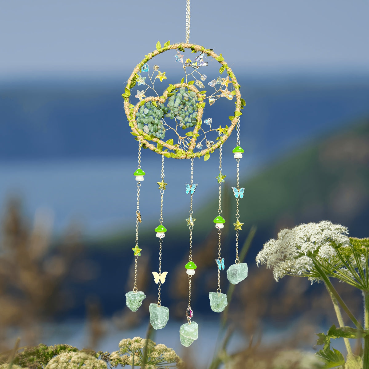 Bohemian Crystal Wall Hanging Decoration – Handmade Stone Beads, Colorful Gemstones, Heart & Circular Crystal Pendant Wind Chime – Boho Wall Decor Gift for Christmas, Mother’s Day & Thanksgiving