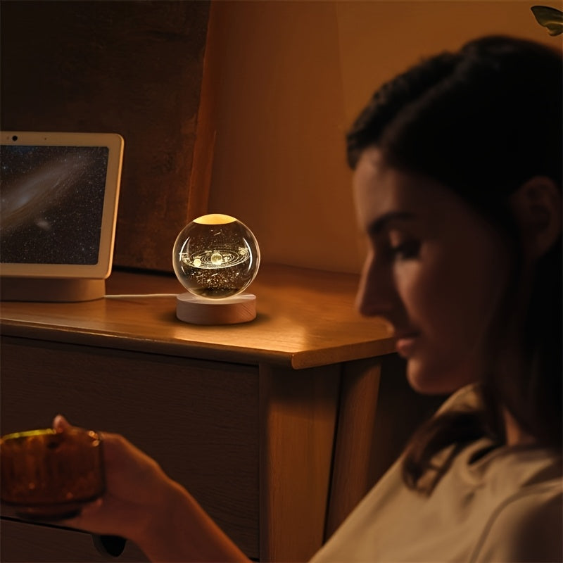 Solar System Crystal Ball LED Night Light with Wooden Base - 3D Laser Engraved Planetary Model Space Lamp for Bedroom Living Room Desk Decor, Gift for Astronomy Enthusiasts and Space Educators