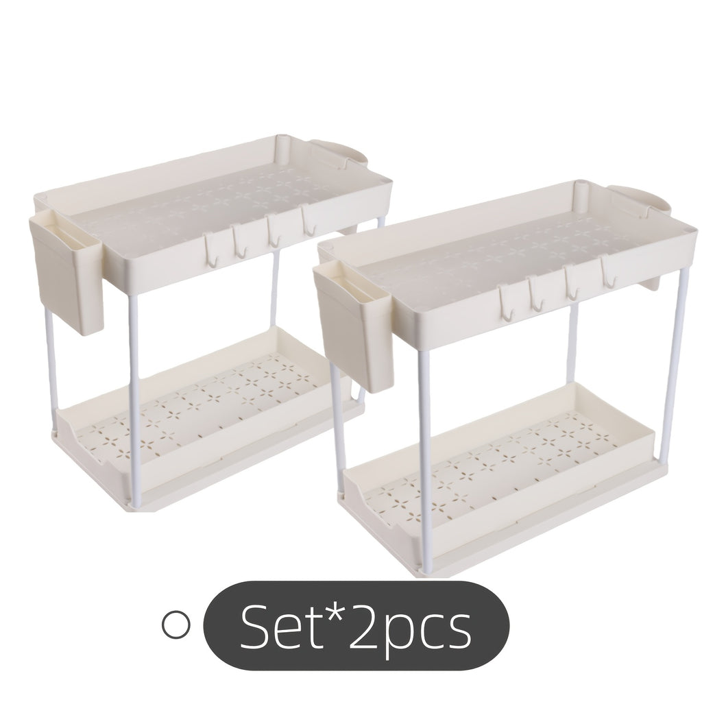 Bathroom Shelves Set of 2 – Punch-Free Retractable 2-Tier Storage Rack with Hooks & Hanging Cups for Bathroom, Kitchen & Laundry