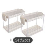 Bathroom Shelves Set of 2 – Punch-Free Retractable 2-Tier Storage Rack with Hooks & Hanging Cups for Bathroom, Kitchen & Laundry
