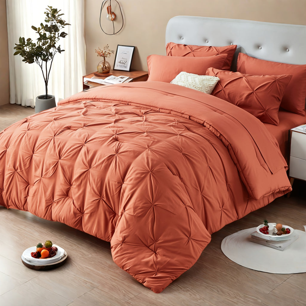Luxury Pleated Comforter Set 5/7 Pcs – Soft Plush Fiber Fill, Quilted Comforter, Fitted Sheet, Flat Sheet, Pillowcases & Shams, Twin Full Queen King Year-Round Bedding