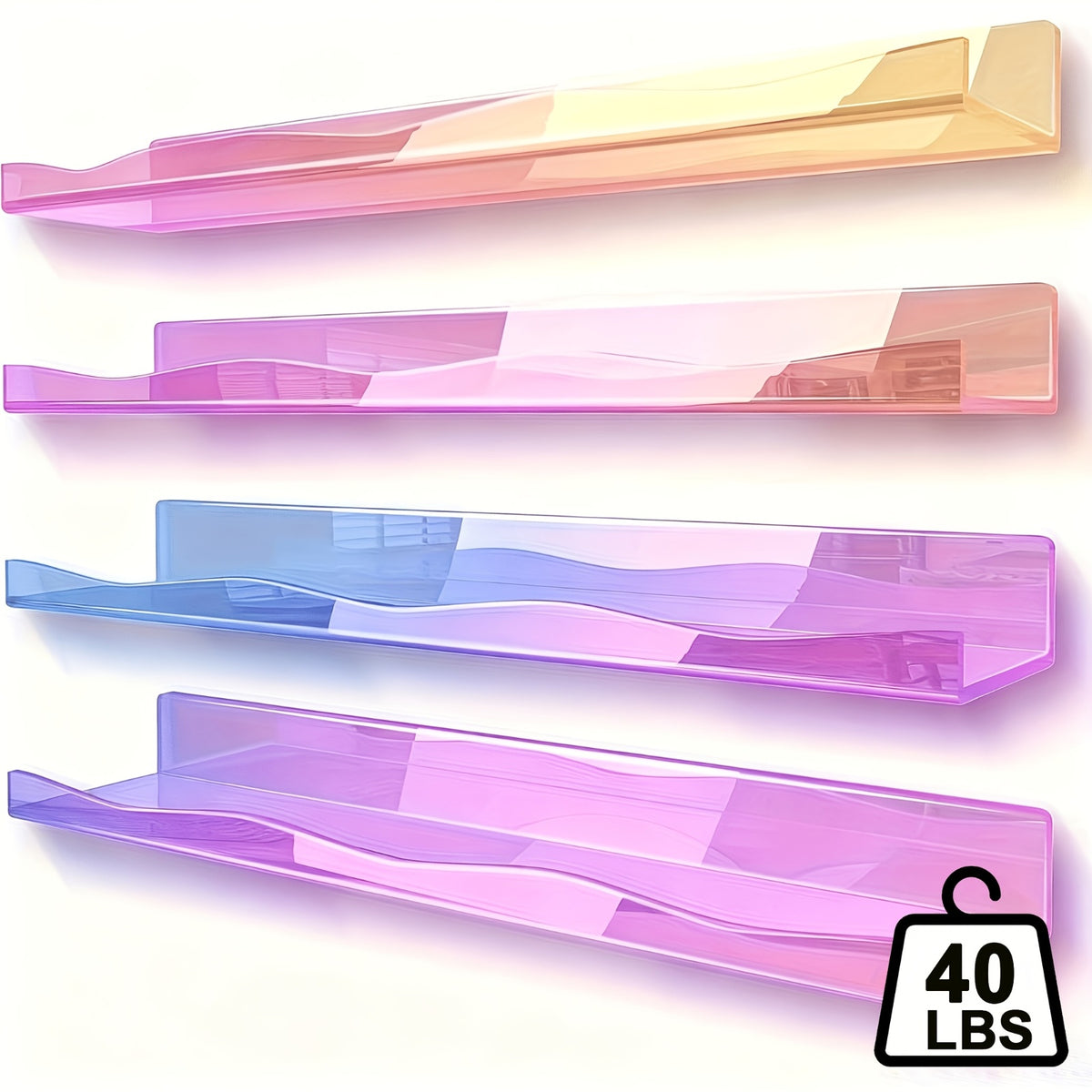 Iridescent Acrylic Floating Shelves 2 or 4 Pack – Colorful Wall Mounted Storage Rack for Nail Polish, Cosmetics & Sundries, Art Deco Home, Office, Bathroom & Nail Salon Decor, Macaron, Pink or Clear