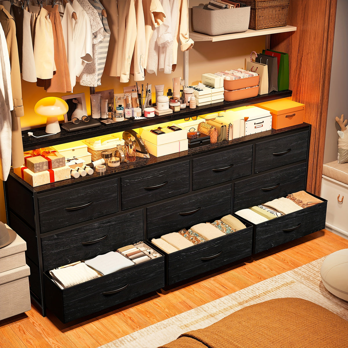 55" Wide Dresser for Bedroom with 10 Drawers, LED Lights & Power Outlets – Long Storage Chest, TV Stand up to 65", Metal Frame + Wood Top, Built-in Charging Station, Tiger Print / Black Wood Grain