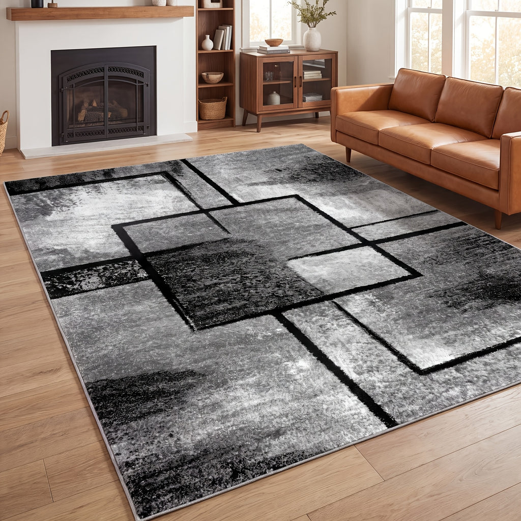 Geometric Area Rug Black White Ultra-Soft Non-Slip Machine Washable Rubber Backing Low Pile Shed Resistant Living Room Bedroom Kitchen Bathroom