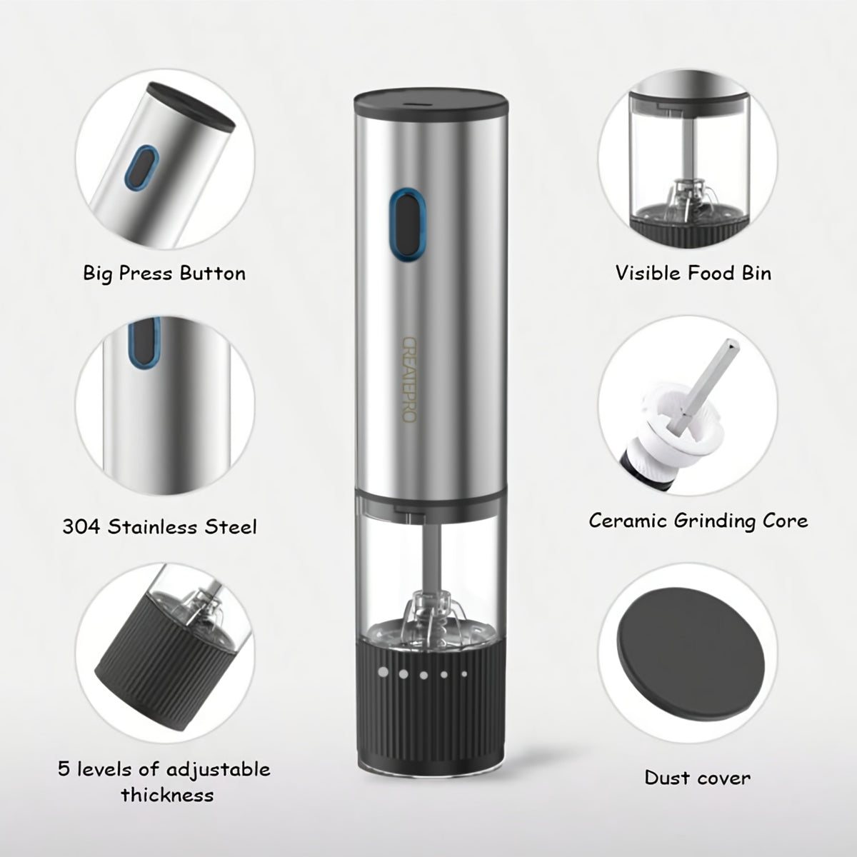 Electric Salt and Pepper Grinder Rechargeable USB – Adjustable Coarseness Automatic Pepper Mill, Stainless Steel with Lithium Battery for Home Kitchen, BBQ & Dining Table, 1pc or 2pcs Set