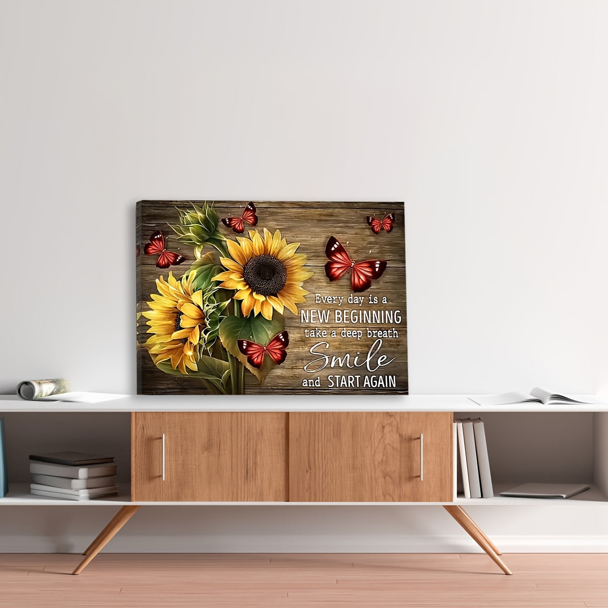 Inspirational Quote Canvas Wall Art Framed Sunflower Red Butterfly – Every Day Is A New Beginning Rustic Farmhouse Wall Decor Ready to Hang, Motivational Living Room Bedroom Gift