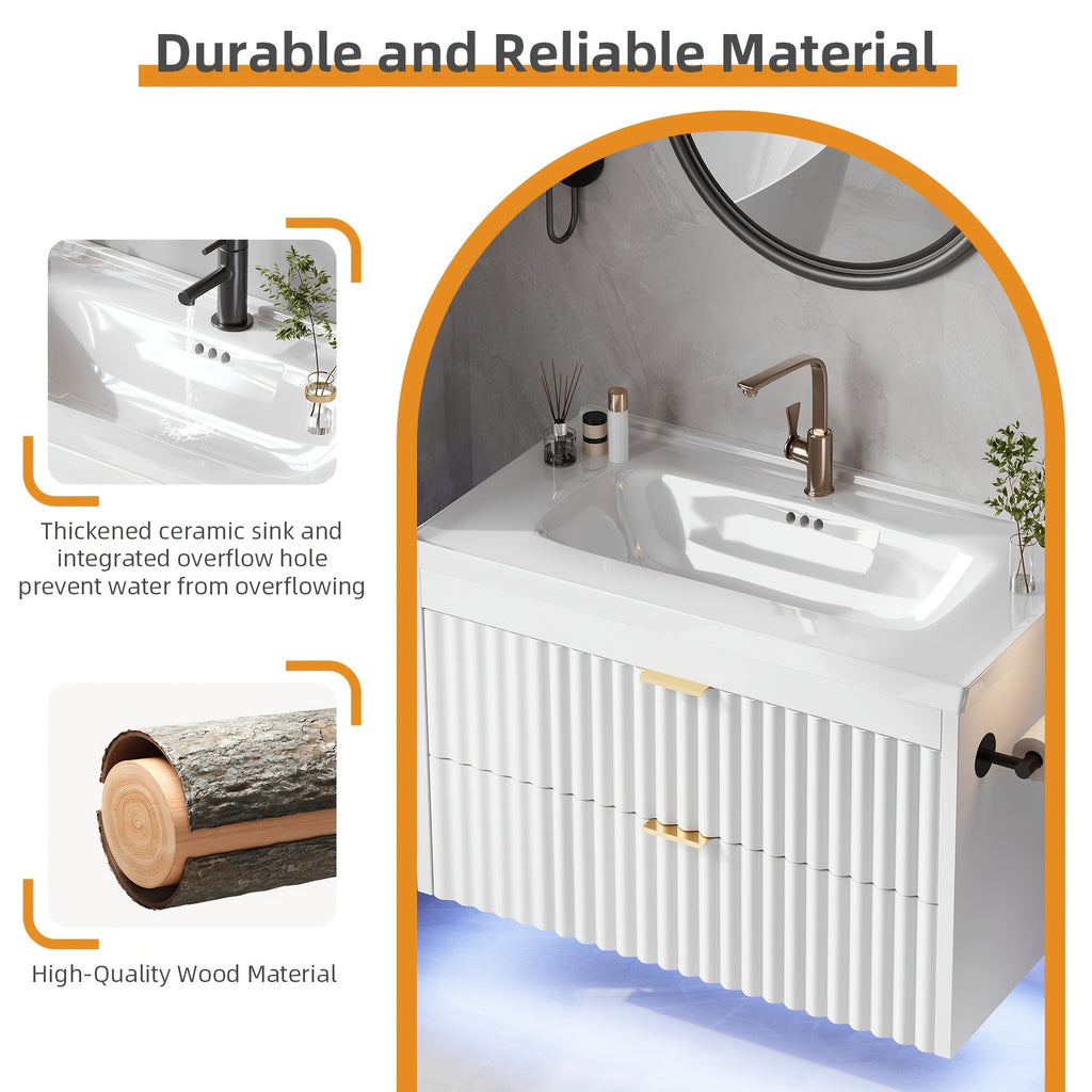 Floating Bathroom Vanity with Sink 24 Inch LED Light Wall Mounted 3-Hole Ceramic Basin Wave Line Design Soft Close Drawers for Small Spaces Black White