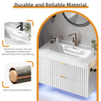 Floating Bathroom Vanity with Sink 24 Inch LED Light Wall Mounted 3-Hole Ceramic Basin Wave Line Design Soft Close Drawers for Small Spaces Black White