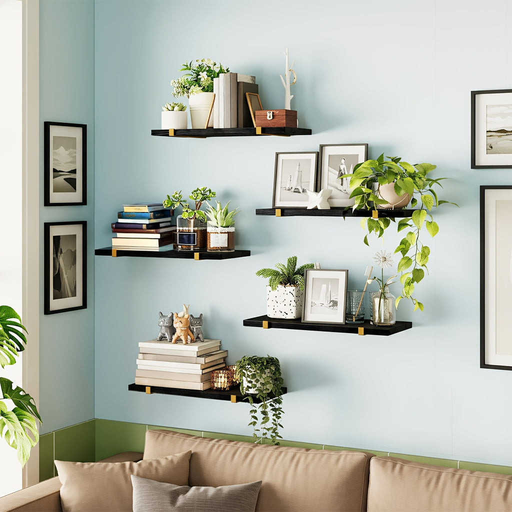 Rustic Floating Shelves Set of 5 Wood Wall Shelves 15.8x4.7 Inch for Bedroom Living Room Kitchen Bathroom Office Plant Display Home Decor Dark Brown Light Brown Black Gold