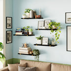 Rustic Floating Shelves Set of 5 Wood Wall Shelves 15.8x4.7 Inch for Bedroom Living Room Kitchen Bathroom Office Plant Display Home Decor Dark Brown Light Brown Black Gold