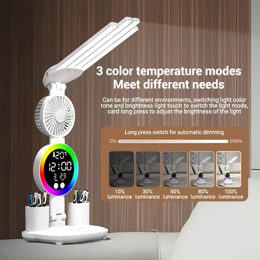 Smart Touch LED Desk Lamp USB Dual Head with Built-in Fan, 3-Color Dimmable, Smart Display, Pen Storage & Night Light – Eye-Caring Study & Home Office Lamp – 1 or 2 Pack