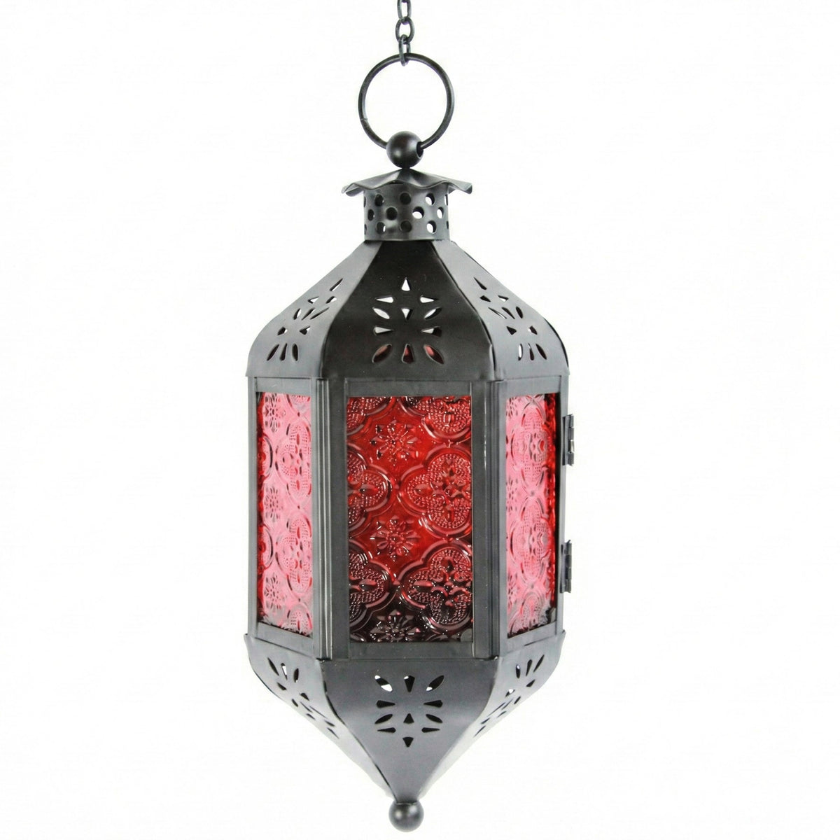 Moroccan Hanging Candle Lantern with Chain – Vintage Boho Style Iron & Glass Tealight Holder for Home, Patio, Garden, Wedding & Ramadan Decor (23.5" Overall)