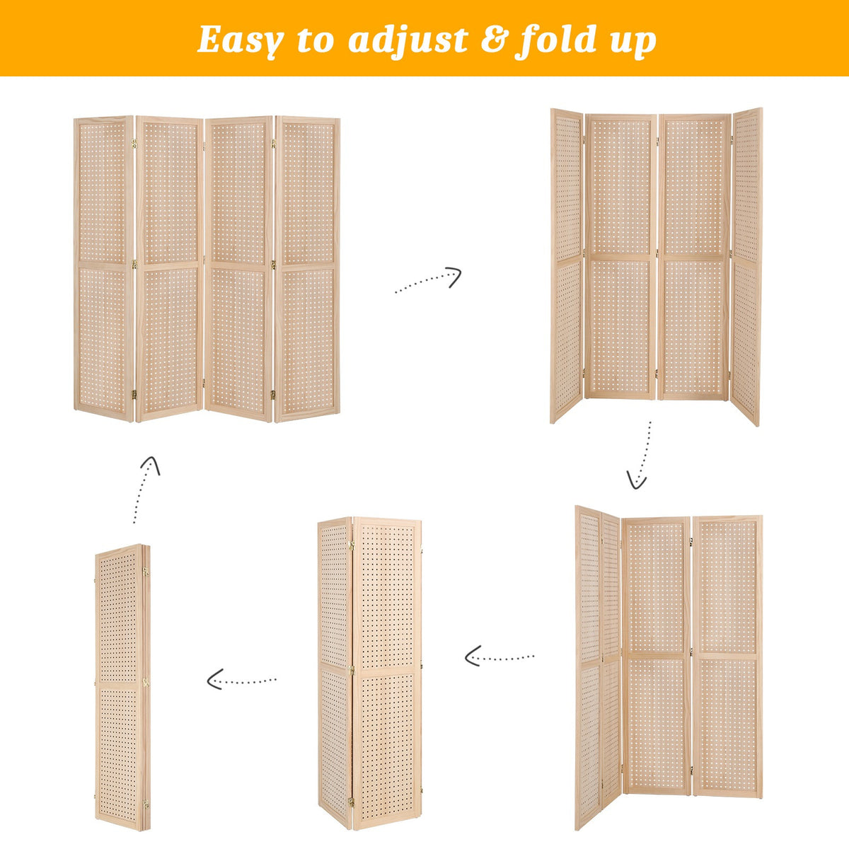 5 FT Freestanding Pegboard Room Divider | Wood Folding Privacy Screen & Display Board Organizer with Support Feet – White, Black, Natural, Grey | Craft Shows, Retail & Home