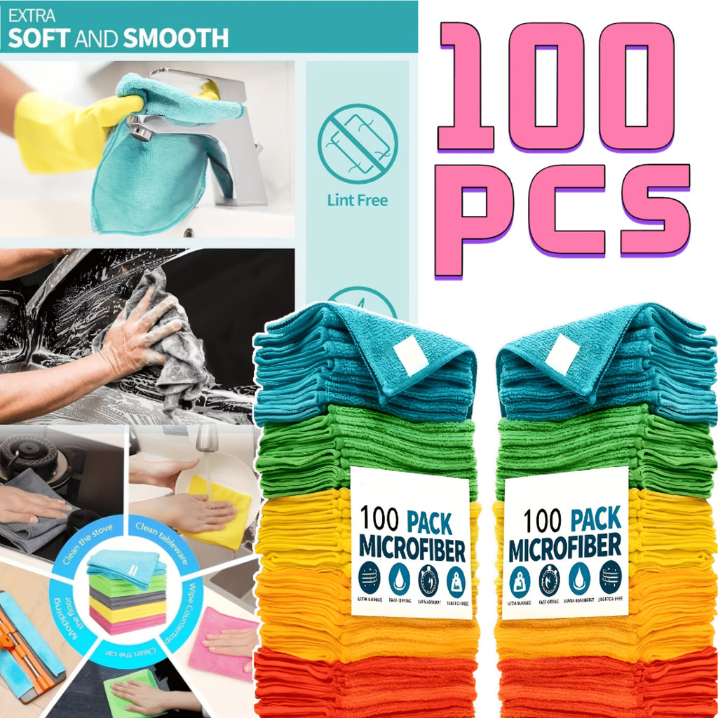 Microfiber Cleaning Cloths 100 Pack Bulk Set - Super Absorbent Fast-Drying Streak-Free Reusable Cleaning Towels for Kitchen Bathroom Car & Furniture Multicolor Assorted