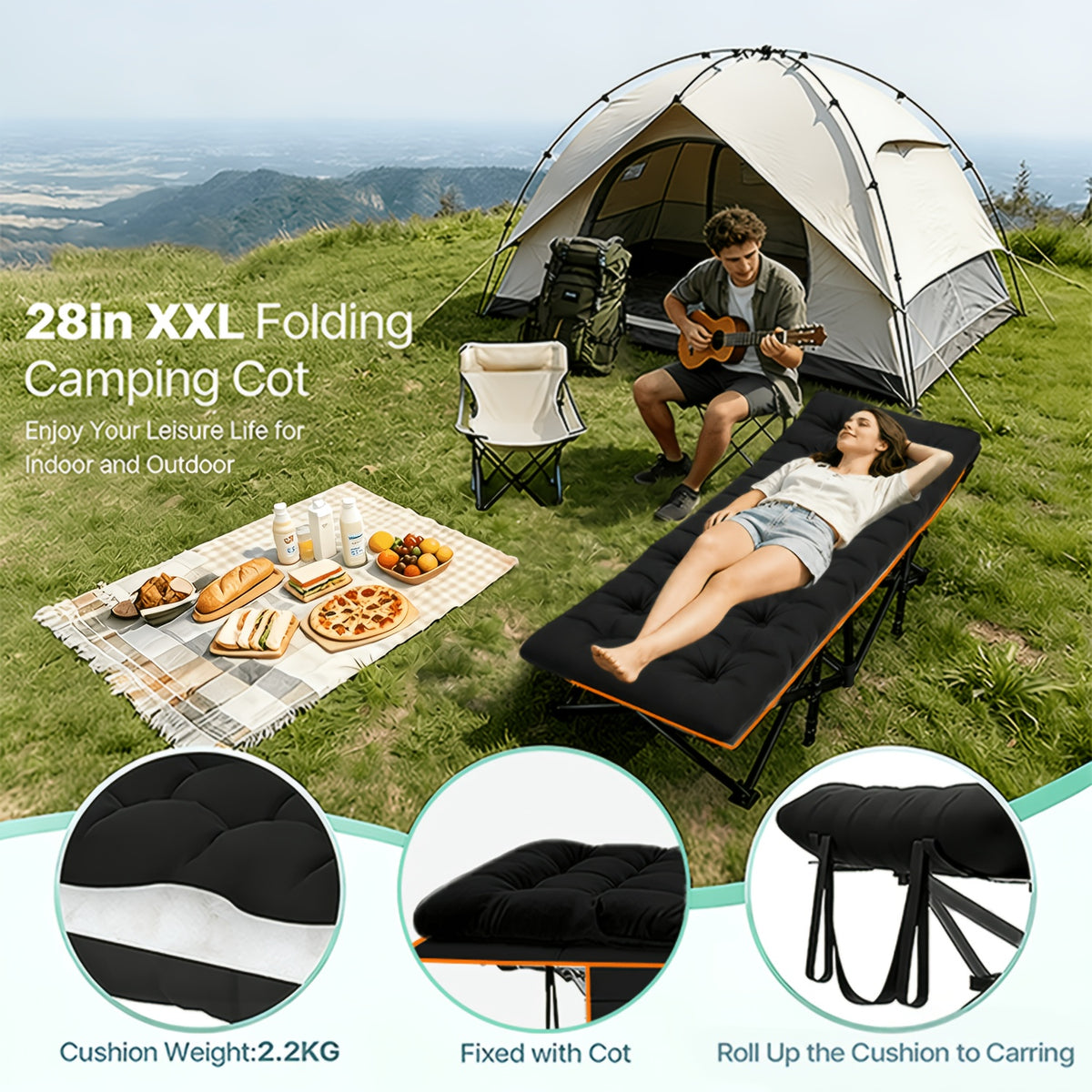 Portable Folding Camping Bed 28in Wide Heavy Duty 510 710 lbs with Optional Mattress Cushion Pillow Carry Bag Cot for Office Nap Beach Yard RV Adult