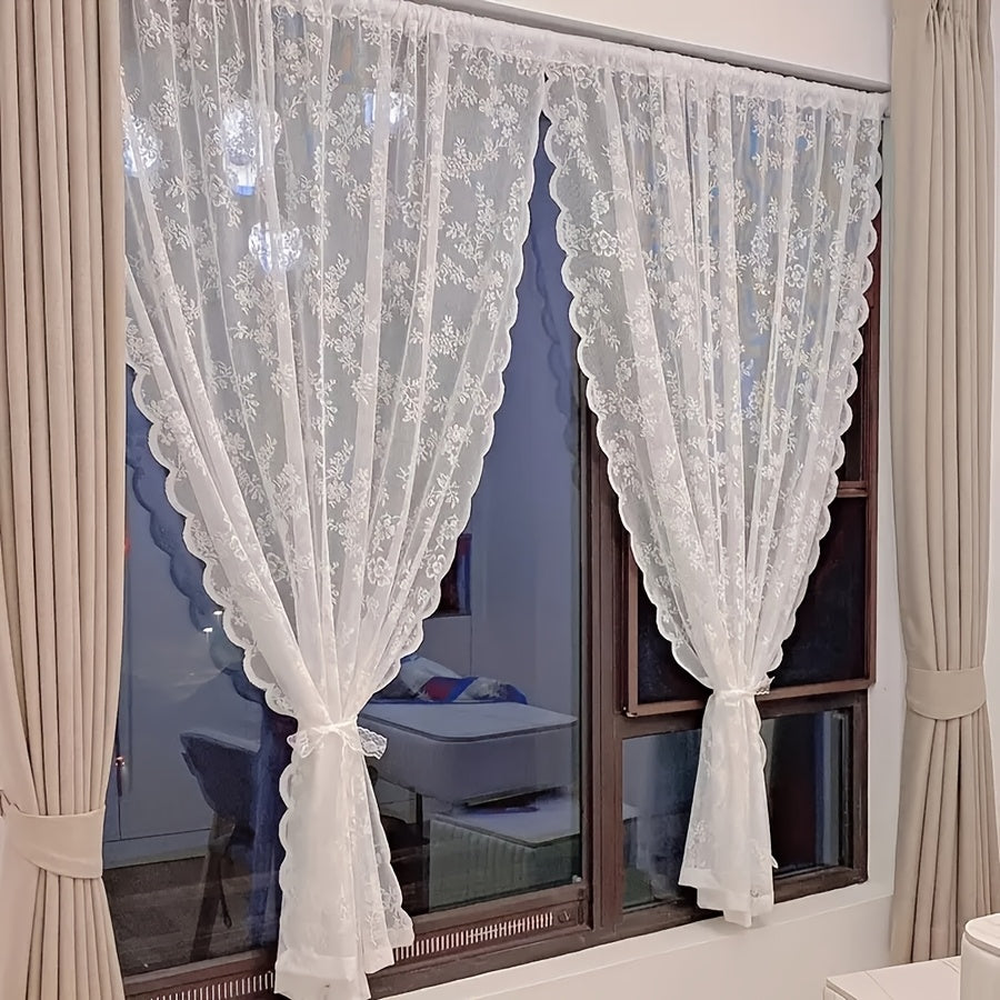 Vintage Lace Door Curtain with Wave Edge – Semi-Sheer Floral Embroidered Rod Pocket Panel for Home, Hallway & Outdoor | White, Black & Green