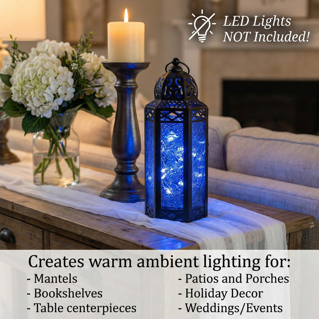 Moroccan Candle Lantern Holder Medium 10.5 Inch – Handcrafted Glass Iron Metal Lantern with Embossed Floral Panels, 17 Colors, Indoor Outdoor Use for Ramadan, Wedding, Patio, Diwali & Home Decor