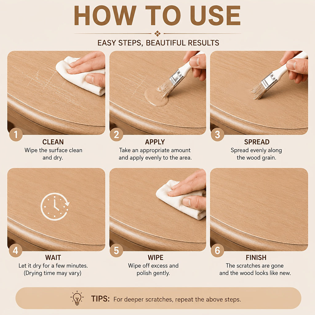 Wood Touch-Up Repair Paste with Brush – 4 Colors White, Light, Medium & Dark Brown for Scratches, Chips, Dents & Faded Wood on Floors, Cabinets, Doors, Tables & Chairs