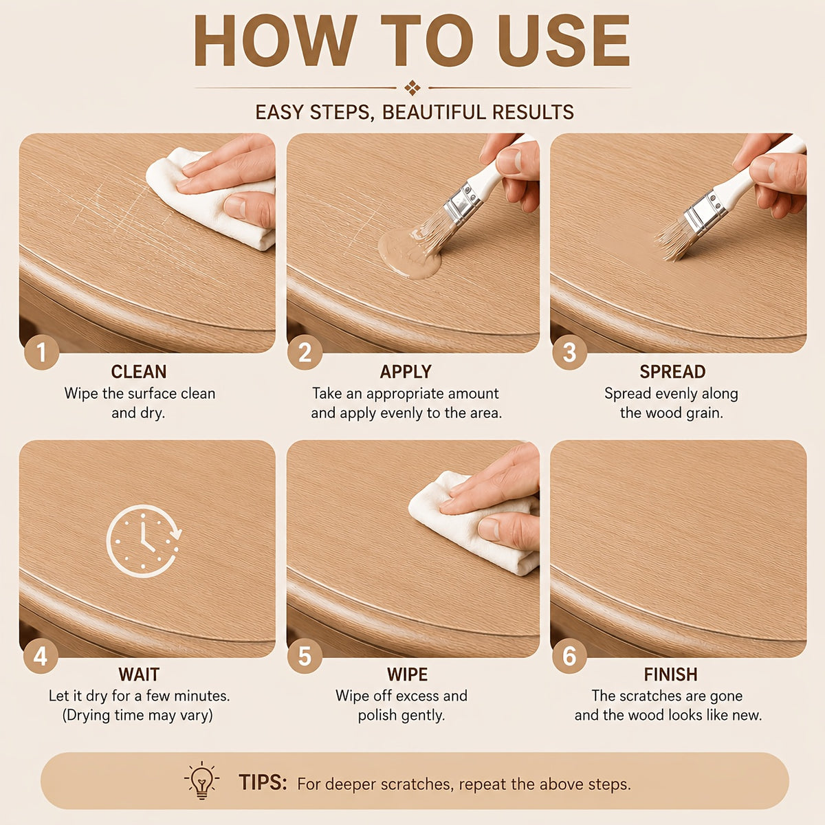 Wood Touch-Up Repair Paste with Brush – 4 Colors White, Light, Medium & Dark Brown for Scratches, Chips, Dents & Faded Wood on Floors, Cabinets, Doors, Tables & Chairs