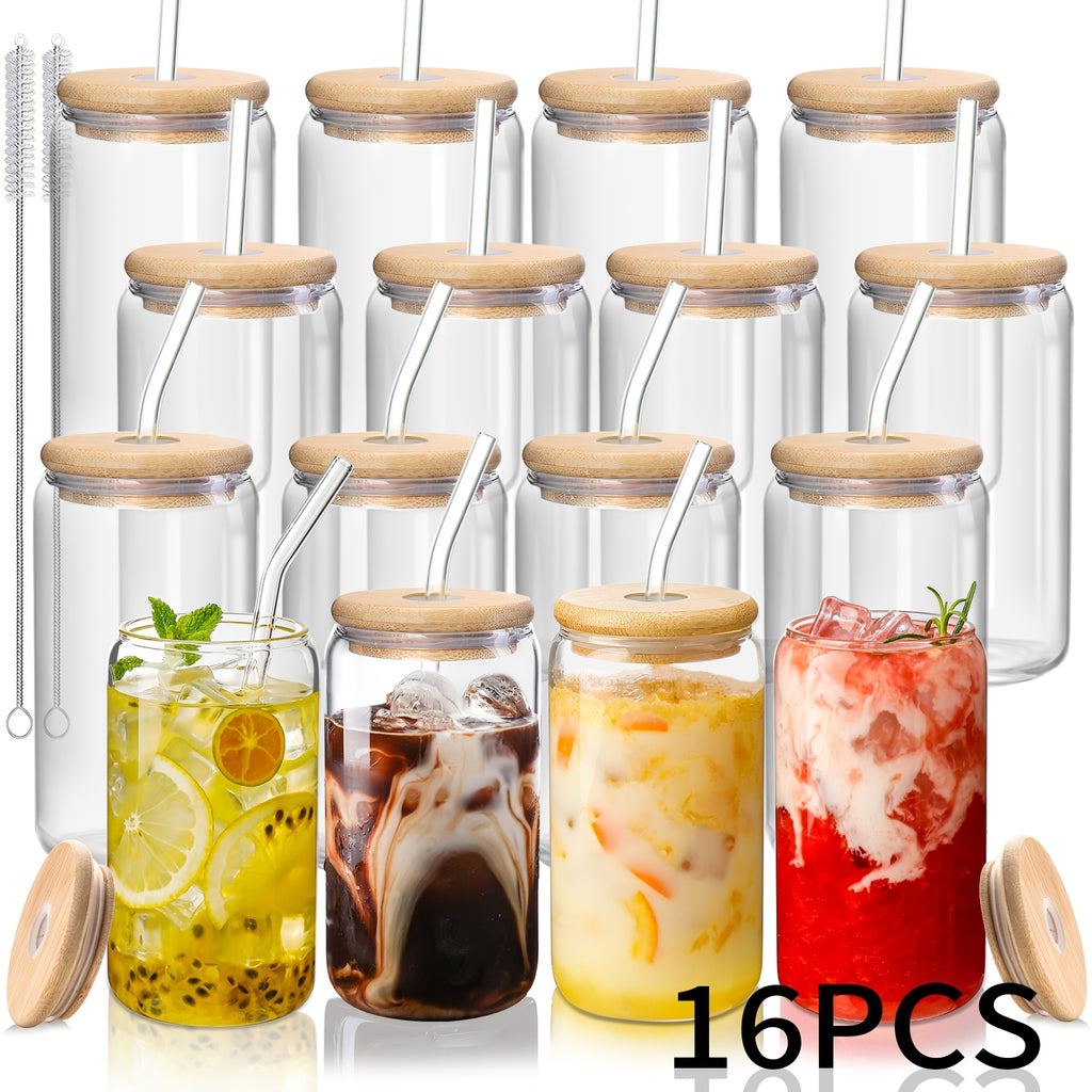 Insulated Drinking Glasses with Lids and Straws 16oz | Reusable Glass Cups Set for Iced Coffee Tea Smoothies Parties