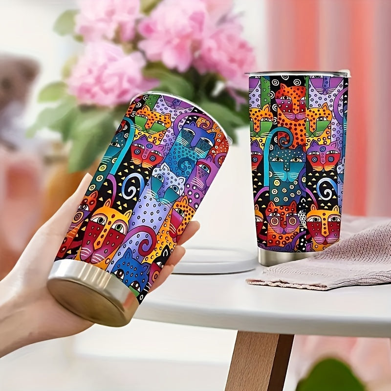 Cat Lover Gift Tumbler 20oz Boho Rainbow Cat Art Insulated Stainless Steel Travel Mug – Leakproof Birthday Gift for Cat Mom Women Pet Lovers