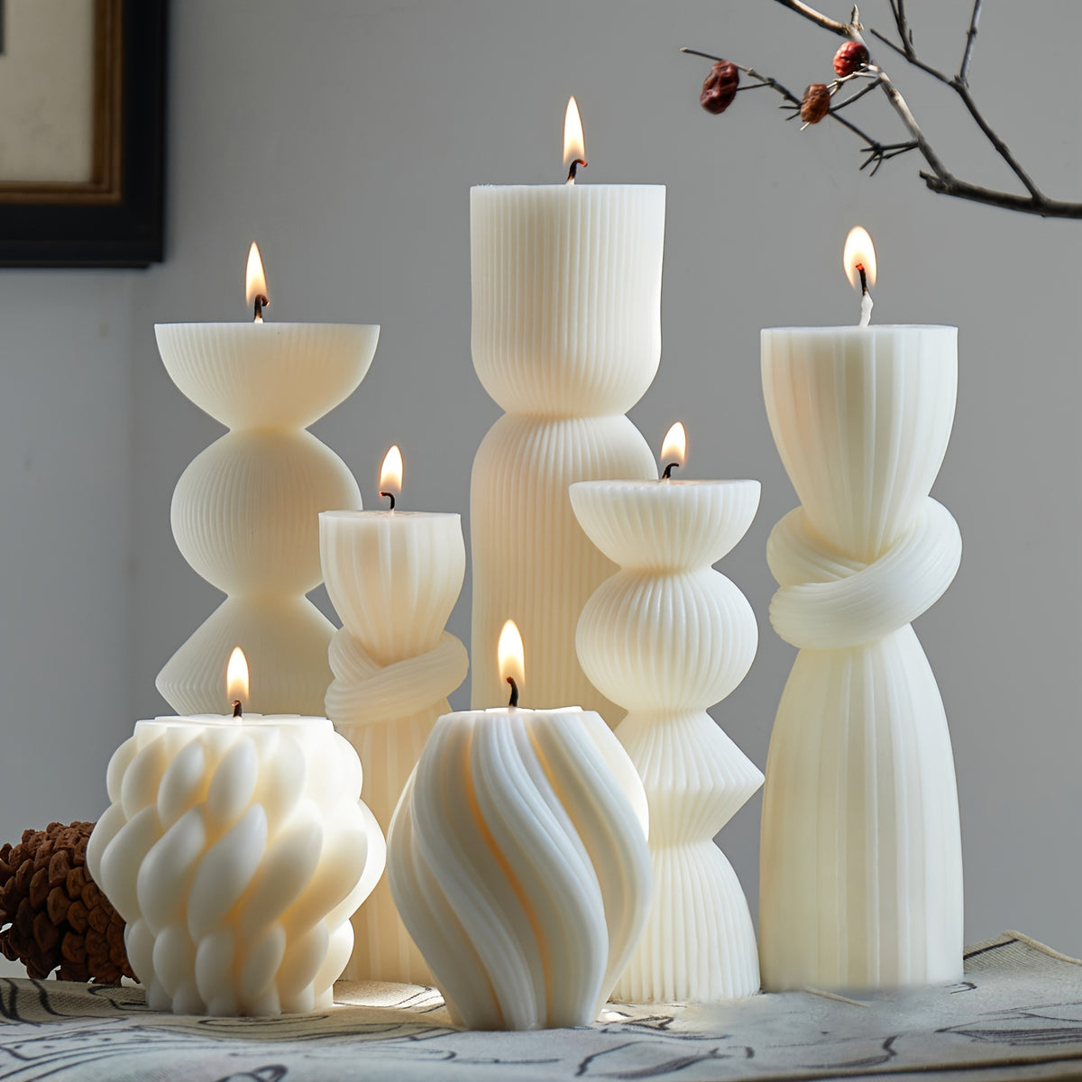 7-Pack Large Ribbed Soy Wax Pillar Candles – Handmade Home Decor Candles for Housewarming Gift, Shelf Decor, Wedding & Dining Table Centerpiece, White, Blue, Black, Orange