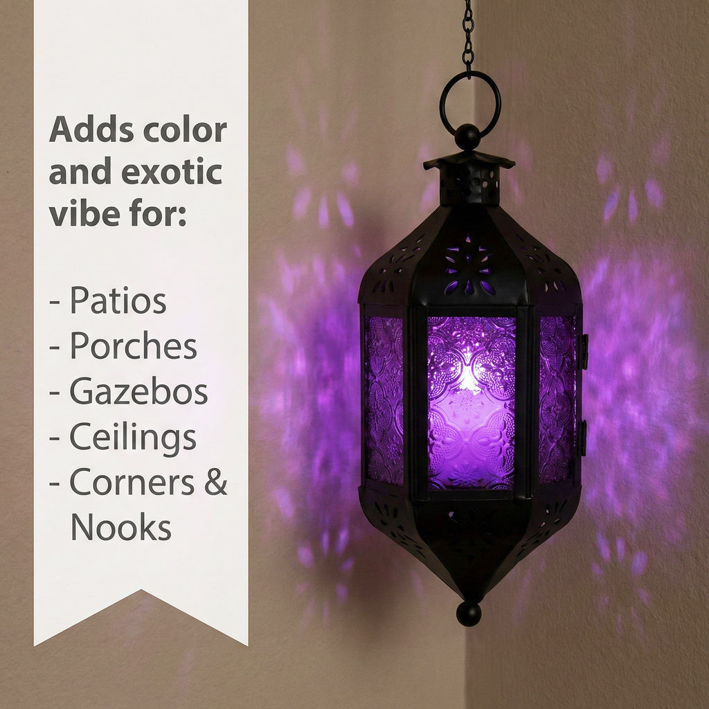 Moroccan Hanging Candle Lantern with Chain – Vintage Boho Style Iron & Glass Tealight Holder for Home, Patio, Garden, Wedding & Ramadan Decor (23.5" Overall)