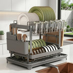 2-Tier Dish Drying Rack with Drainboard – Black Metal Two-Level Dish Drainer with Drainage for Kitchen Counter, Standing Dish Holder Organizer Shelf for Plates, Cups & Utensils