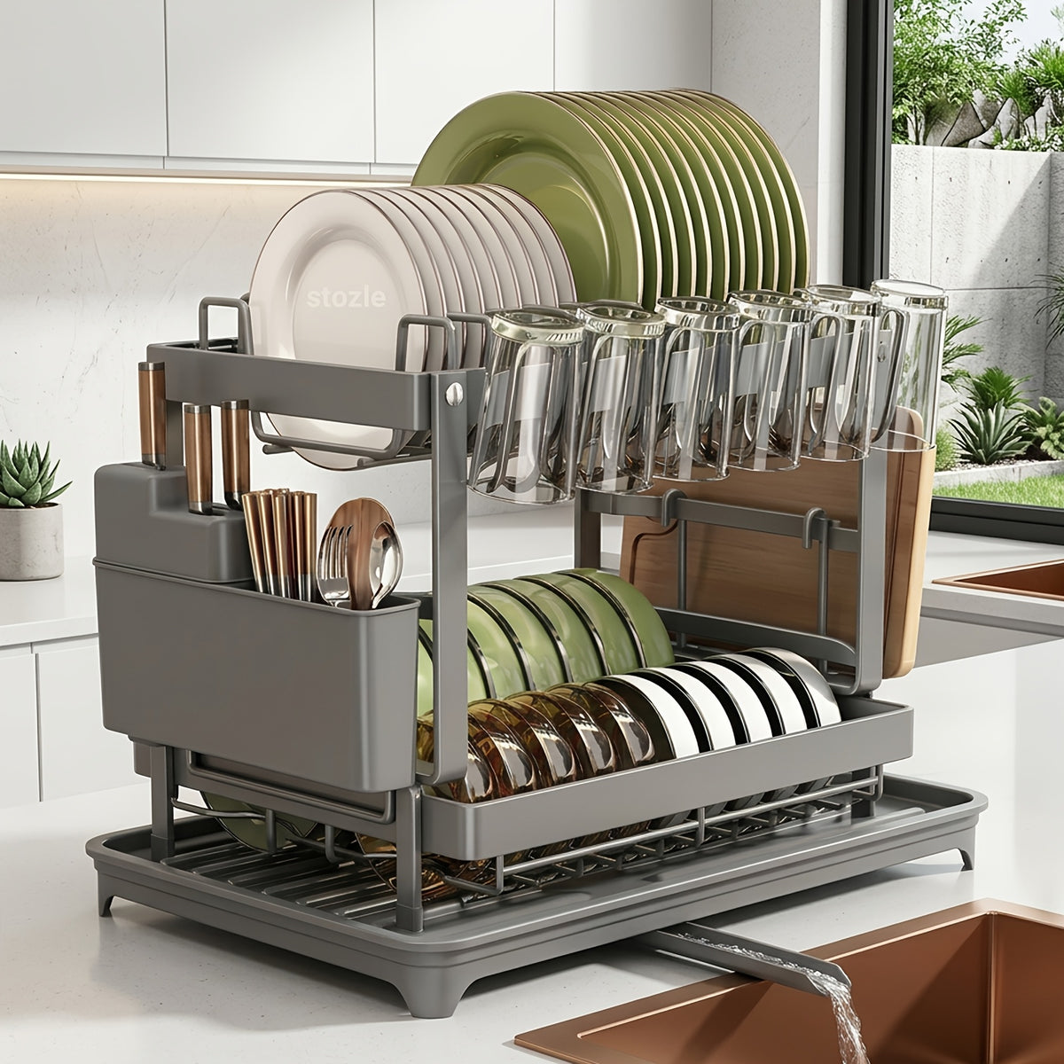 2-Tier Dish Drying Rack with Drainboard – Black Metal Two-Level Dish Drainer with Drainage for Kitchen Counter, Standing Dish Holder Organizer Shelf for Plates, Cups & Utensils